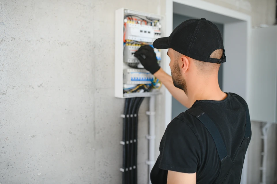 Électricien en combinaison bleue travaillant sur tableau électrique ouvert